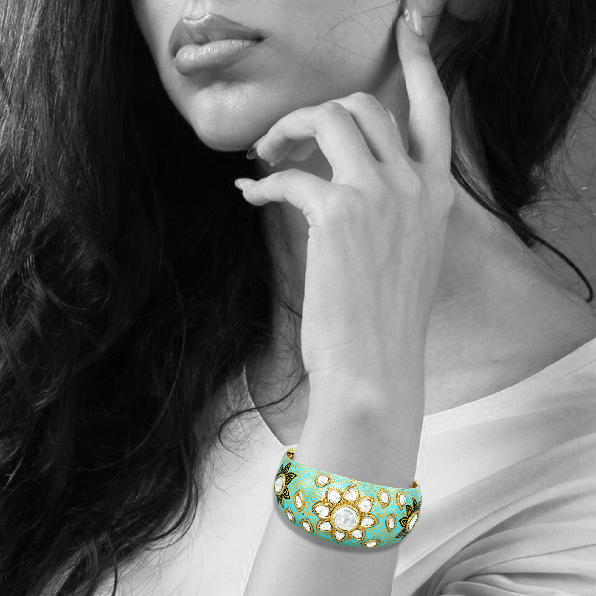 Turquoise Enamel Bangle with Polki Florals and Engraved Band